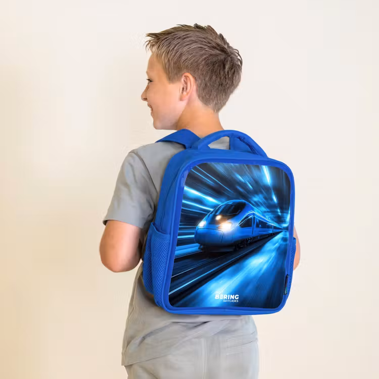 Supersnelle trein in neonblauwe tunnel Kinderrugzak - Blauw middel -sfeer2