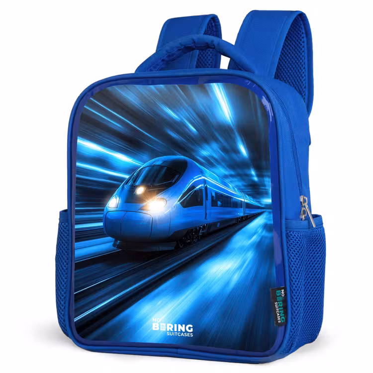 Supersnelle trein in neonblauwe tunnel Kinderrugzak - Blauw middel -schuin