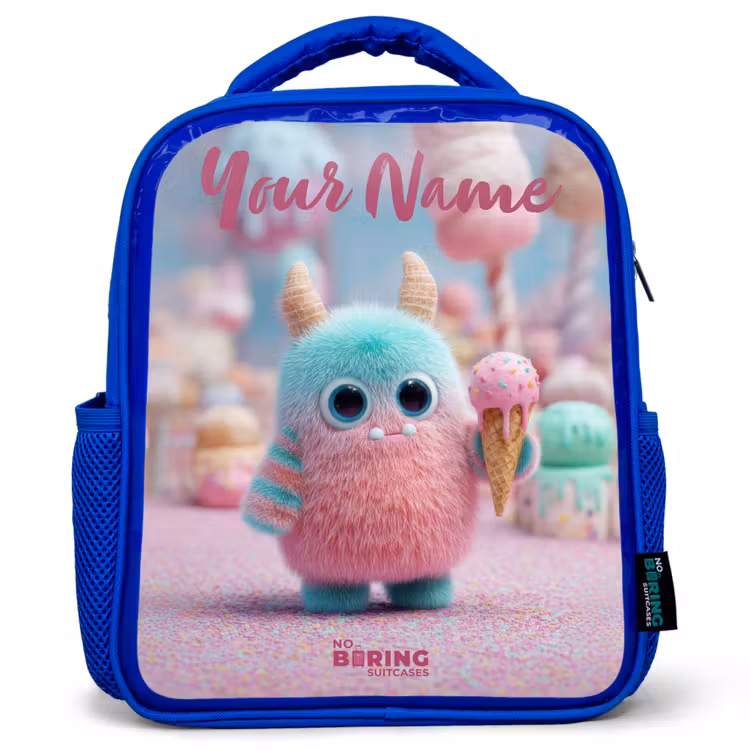 Zoet Monstersnoep Avontuur Kinderrugzak - Blauw middel -3d
