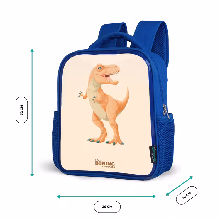 T-rex dino in oranje kleuren Kinderrugzak - Blauw middel -productfoto_formaten