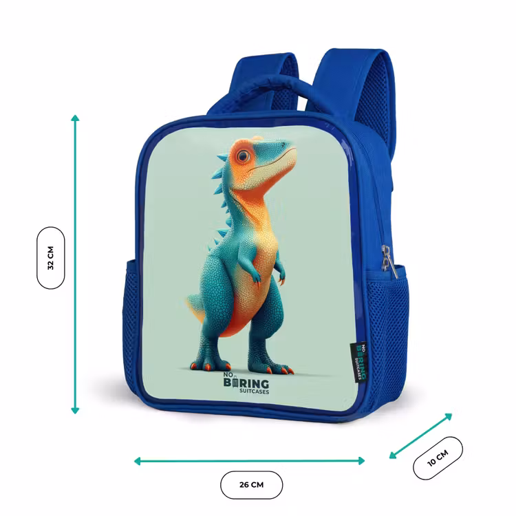 Stoere dino met grote ogen Kinderrugzak - Blauw middel -productfoto_formaten