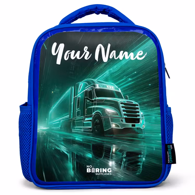Vrachtwagen - Stad - Groen - Neon Kinderrugzak - Blauw middel -3d
