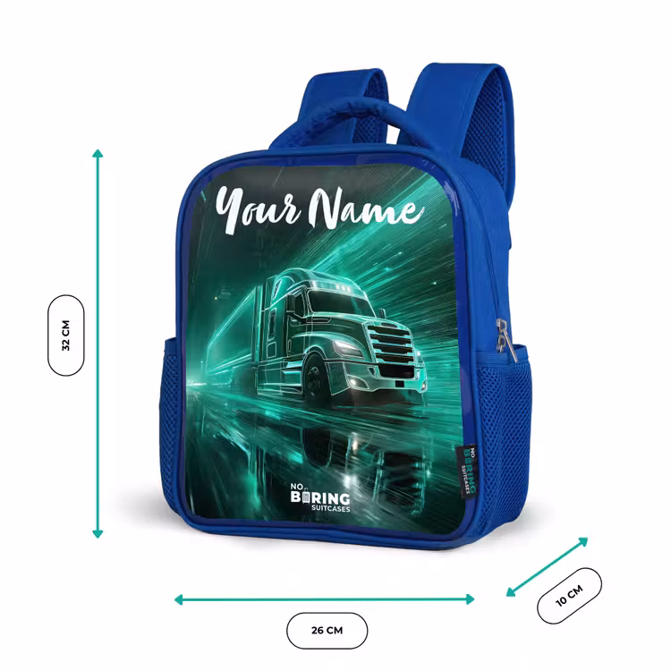 Vrachtwagen - Stad - Groen - Neon Kinderrugzak - Blauw middel -productfoto_formaten