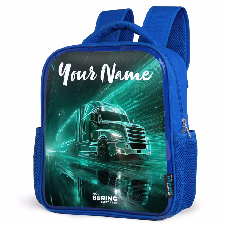 Vrachtwagen - Stad - Groen - Neon Kinderrugzak - Blauw middel -schuin
