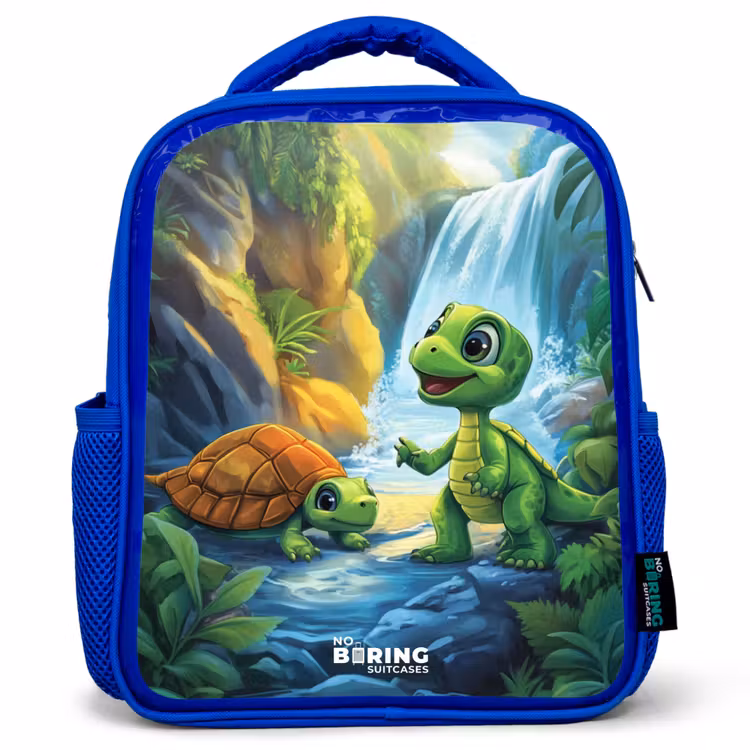 Schildpad en dino bij waterval in tropisch bos Kinderrugzak - Blauw middel -3d