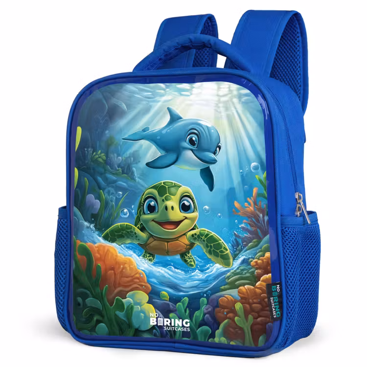 Schildpad en dolfijn in blauwe oceaan Kinderrugzak - Blauw middel -schuin