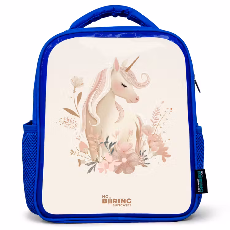 Eenhoorn tussen bloemen in roze pastel kleuren Kinderrugzak - Blauw middel -3d