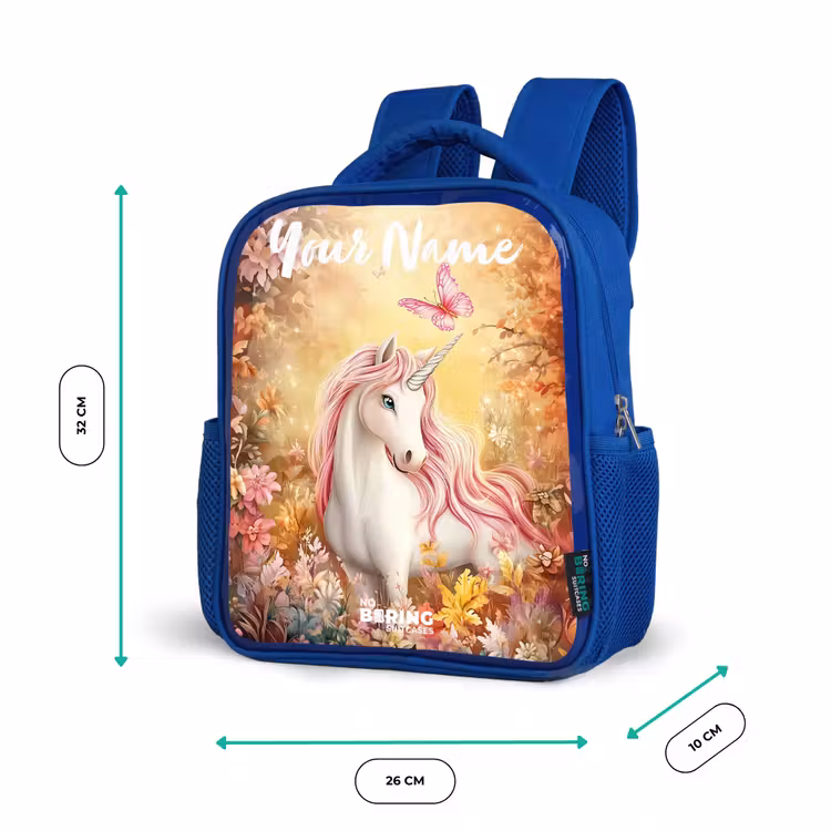 Eenhoorn - Vlinder - Roze - Manen Kinderrugzak - Blauw middel -productfoto_formaten