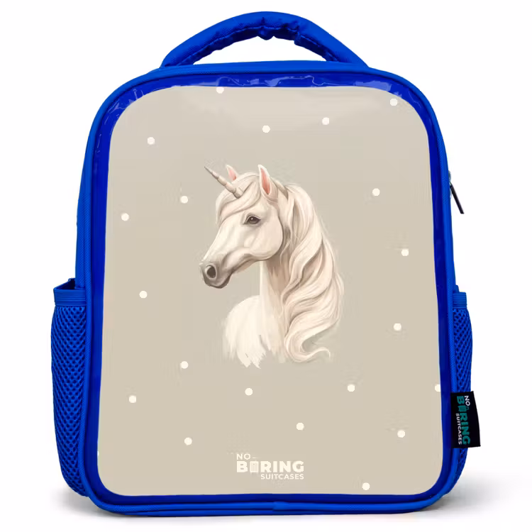 Eenhoorn omringd door stippen in neutrale kleuren Kinderrugzak - Blauw middel -3d