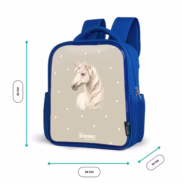 Eenhoorn omringd door stippen in neutrale kleuren Kinderrugzak - Blauw middel -productfoto_formaten