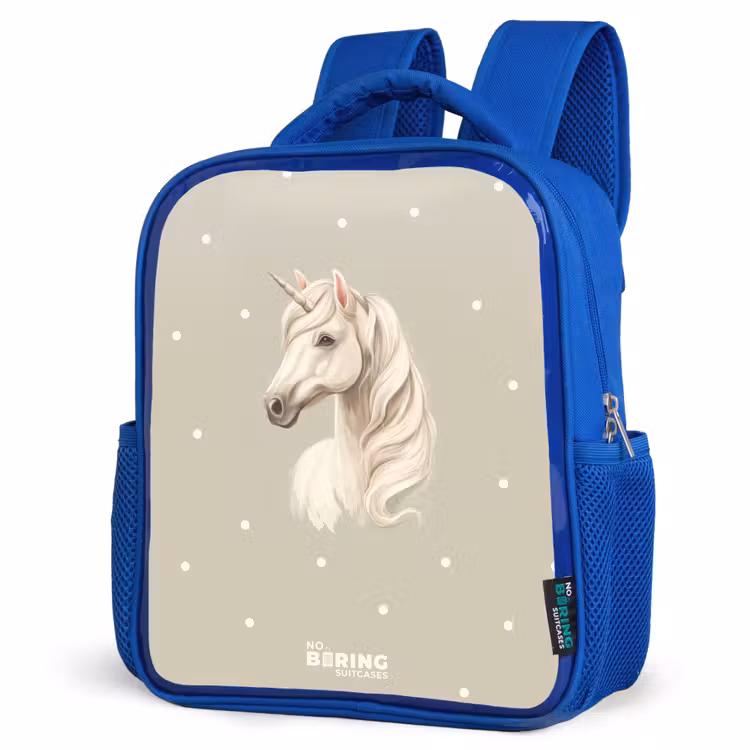 Eenhoorn omringd door stippen in neutrale kleuren Kinderrugzak - Blauw middel -schuin