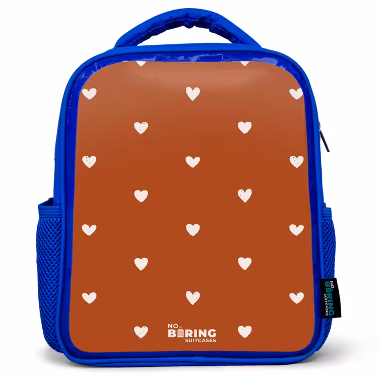 Wit hartjespatroon op oranje bruine achtergrond Kinderrugzak - Blauw middel -3d