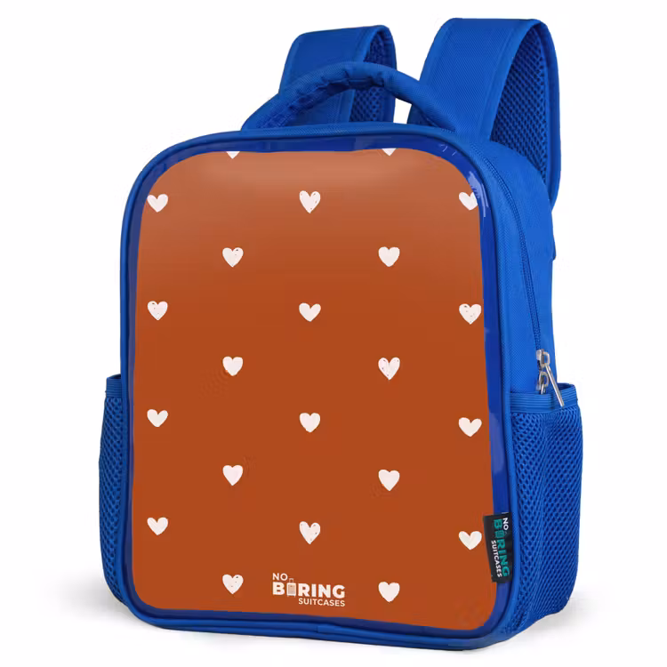 Wit hartjespatroon op oranje bruine achtergrond Kinderrugzak - Blauw middel -schuin