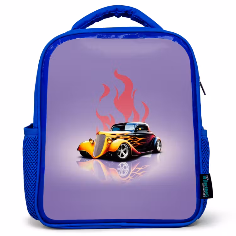 Gele auto met roze vlammen Kinderrugzak - Blauw middel -3d