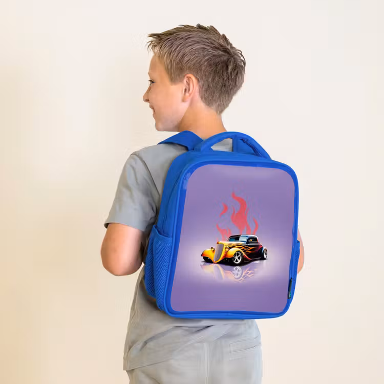 Gele auto met roze vlammen Kinderrugzak - Blauw middel -sfeer2