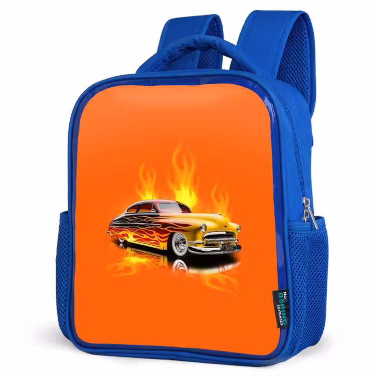 Gele auto met gele vlammen Kinderrugzak - Blauw middel -schuin