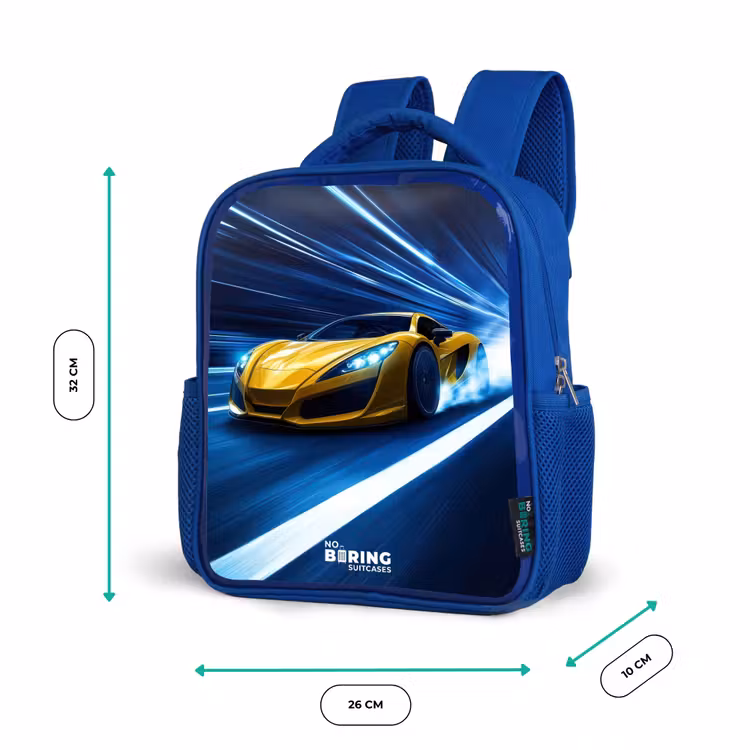 Gele sportwagen in lichttunnel van snelheid Kinderrugzak - Blauw middel -productfoto_formaten