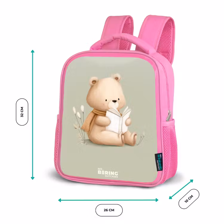 Een bruine beer met een boek - Groen Kinderrugzak - Roze middel -productfoto_formaten