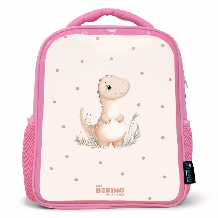 Beige dino op een stippen achtergrond Kinderrugzak - Roze middel -3d