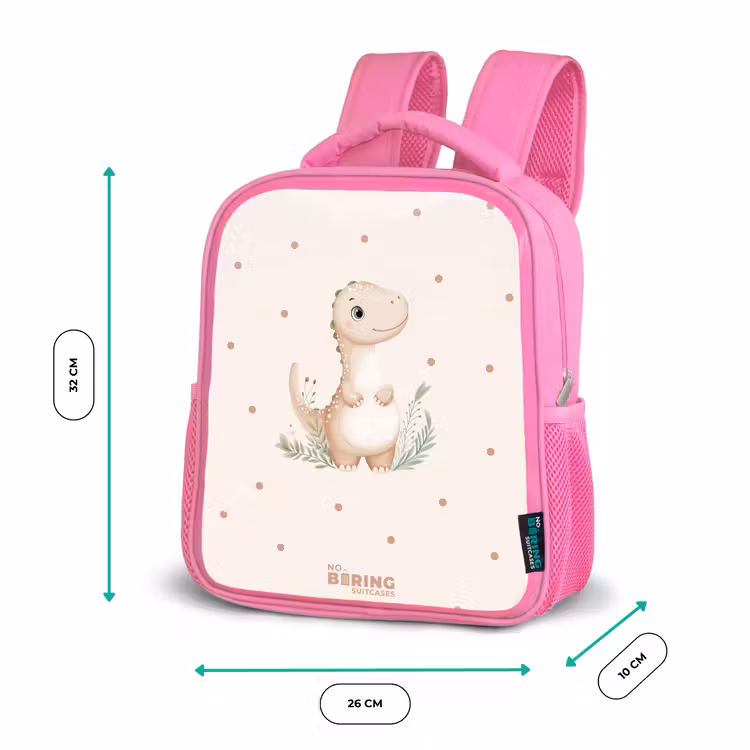 Beige dino op een stippen achtergrond Kinderrugzak - Roze middel -productfoto_formaten