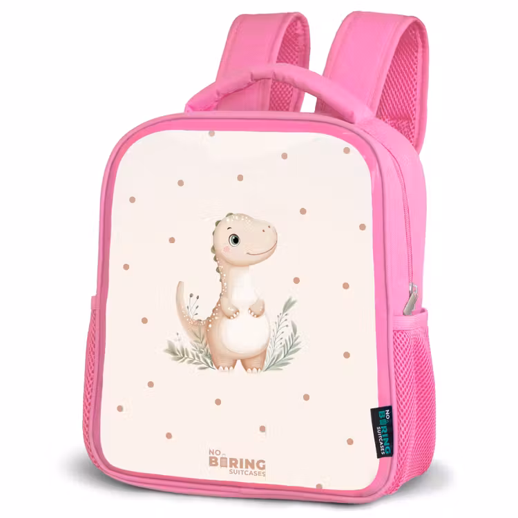 Beige dino op een stippen achtergrond Kinderrugzak - Roze middel -schuin
