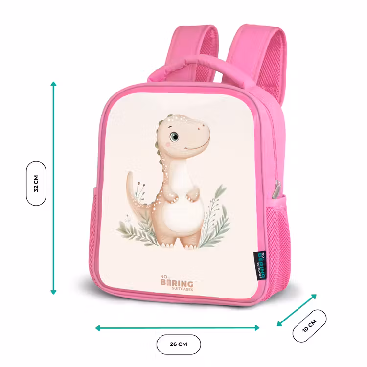Beige dinosaurus met groene blaadjes Kinderrugzak - Roze middel -productfoto_formaten
