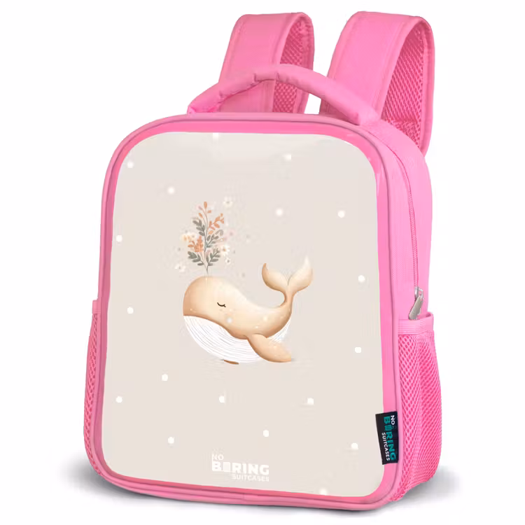 Beige walvis in bloemenzee Kinderrugzak - Roze middel -schuin