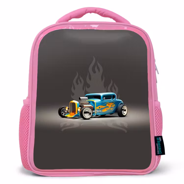 Blauwe auto met grijze vlammen Kinderrugzak - Roze middel -3d
