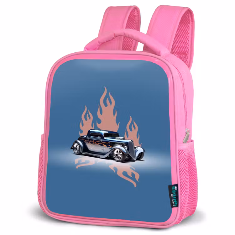 Blauwe auto met roze vlammen Kinderrugzak - Roze middel -schuin