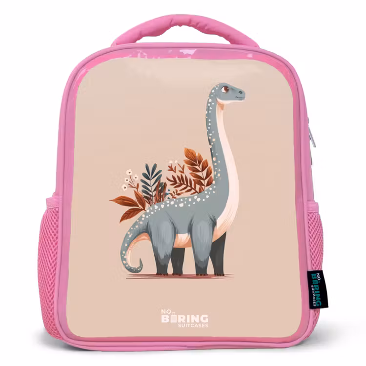 Blauwe dinosaurus op een beige achtergrond Kinderrugzak - Roze middel -3d