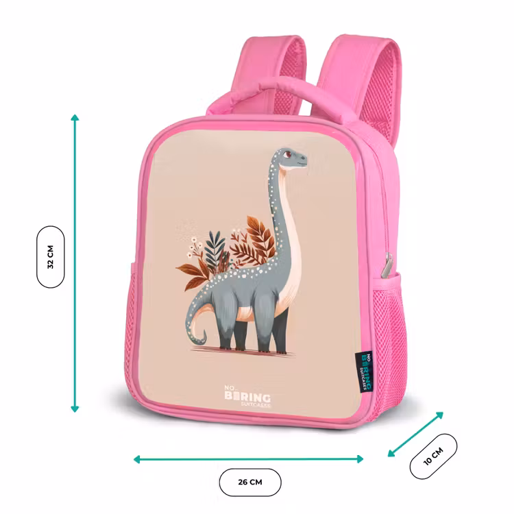 Blauwe dinosaurus op een beige achtergrond Kinderrugzak - Roze middel -productfoto_formaten