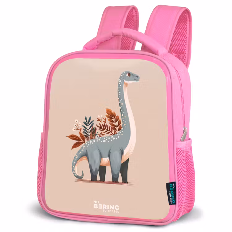 Blauwe dinosaurus op een beige achtergrond Kinderrugzak - Roze middel -schuin