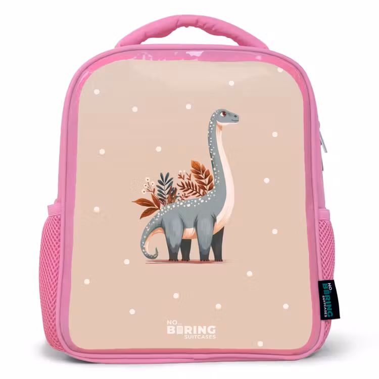 Blauwe dinosaurus op een beige stippenachtergrond Kinderrugzak - Roze middel -3d