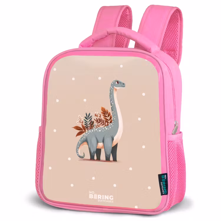 Blauwe dinosaurus op een beige stippenachtergrond Kinderrugzak - Roze middel -schuin