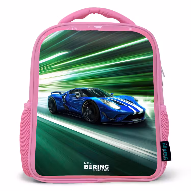Blauwe raceauto met strepen in groene tunnel Kinderrugzak - Roze middel -3d