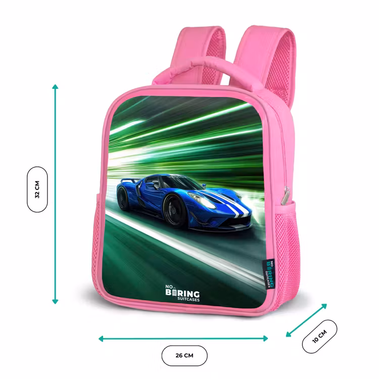 Blauwe raceauto met strepen in groene tunnel Kinderrugzak - Roze middel -productfoto_formaten