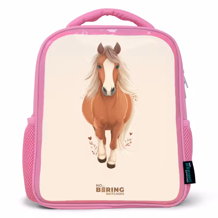 Bruin paard in gallop Kinderrugzak - Roze middel -3d