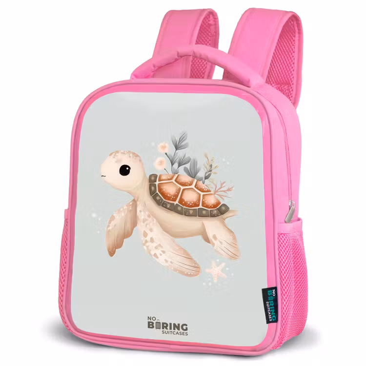Bruine zeeschildpad in pastel onderwaterwereld Kinderrugzak - Roze middel -schuin