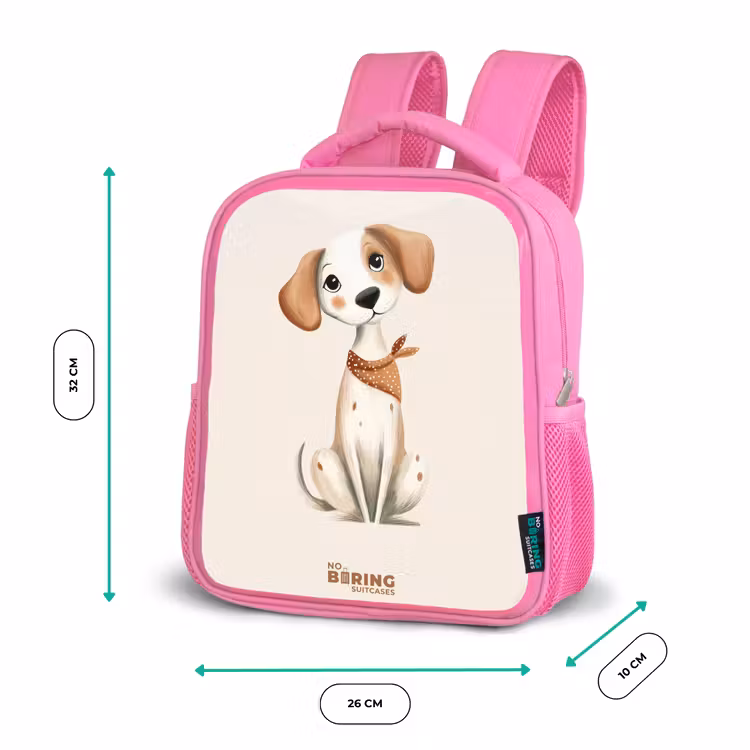 Bruin gevlekte pup op een beige achtergrond Kinderrugzak - Roze middel -productfoto_formaten