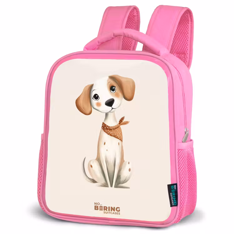 Bruin gevlekte pup op een beige achtergrond Kinderrugzak - Roze middel -schuin