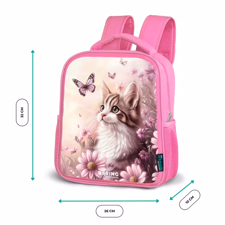 Kat - Paars - Vlinders - Bloemen Kinderrugzak - Roze middel -productfoto_formaten
