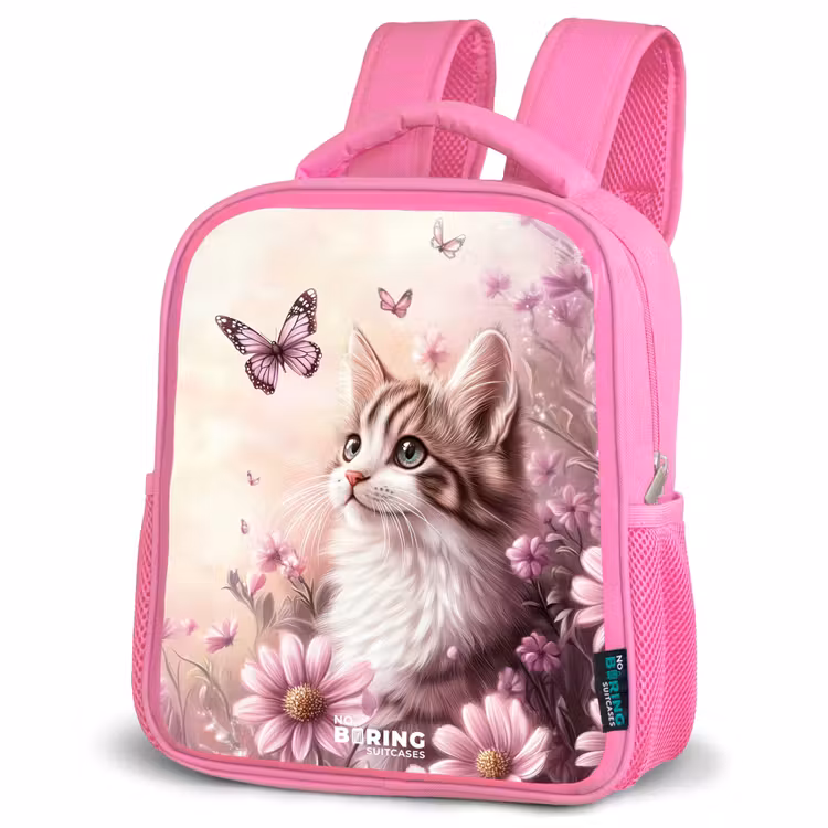 Kat - Paars - Vlinders - Bloemen Kinderrugzak - Roze middel -schuin