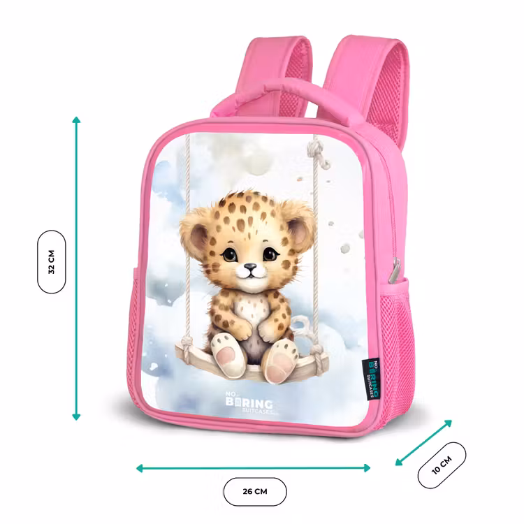 Cheeta welpje op een schommel in de wolken Kinderrugzak - Roze middel -productfoto_formaten