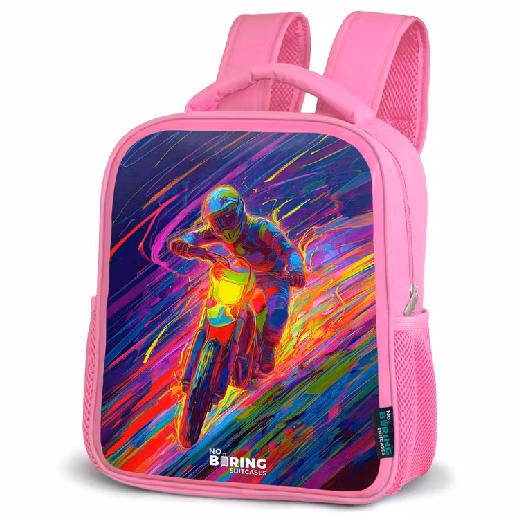 Crossmotor - Neonkleuren - Lijnen - Helm Kinderrugzak - Roze middel -schuin