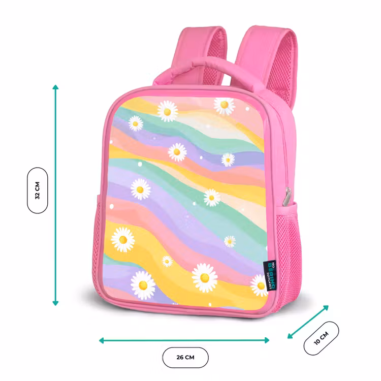 Madeliefjes - Kleurrijk - Pastel - Vrolijk Kinderrugzak - Roze middel -productfoto_formaten