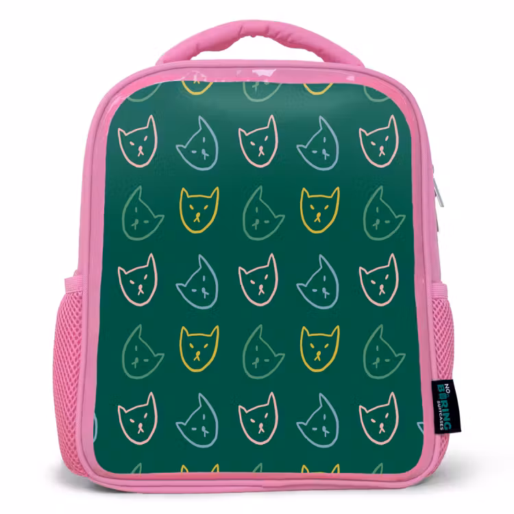 Donkergroen - Gezichten - Katten - Kleuren Kinderrugzak - Roze middel 863 -3d
