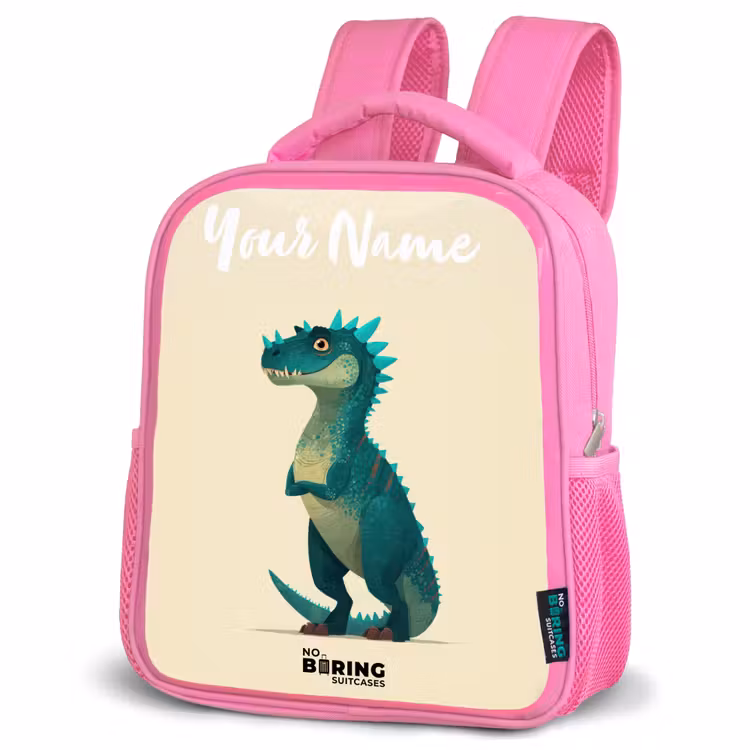 Dino - Dier - Blauw - Groen Kinderrugzak - Roze middel -schuin