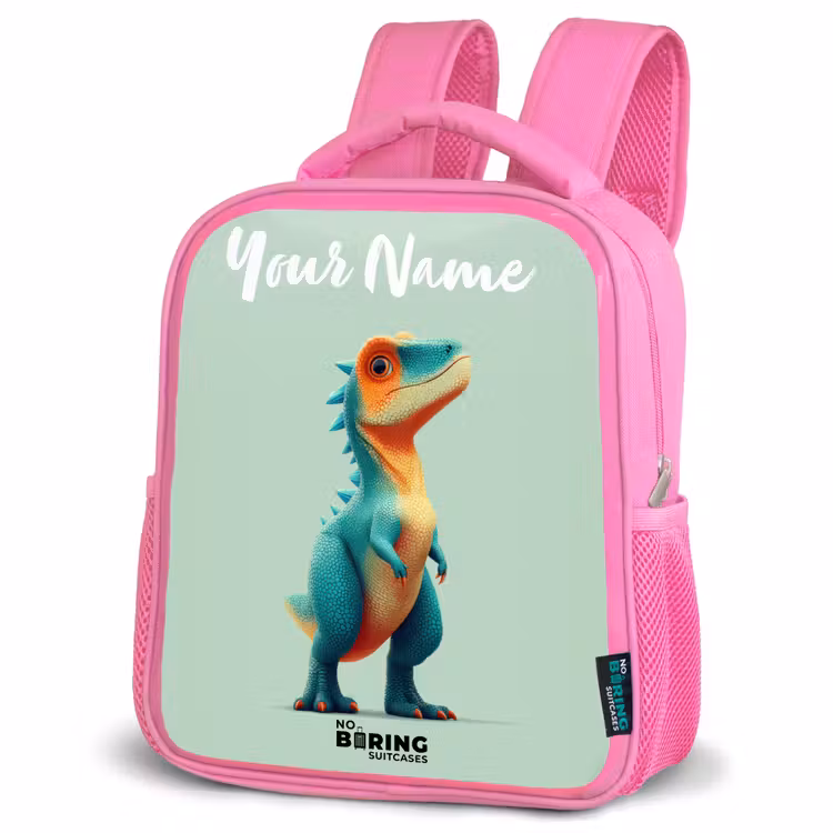 Dino - Dier - Groen - Oranje Kinderrugzak - Roze middel -schuin