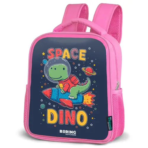 Dino - Groen - Raket - Sterren Kinderrugzak - Roze middel -schuin
