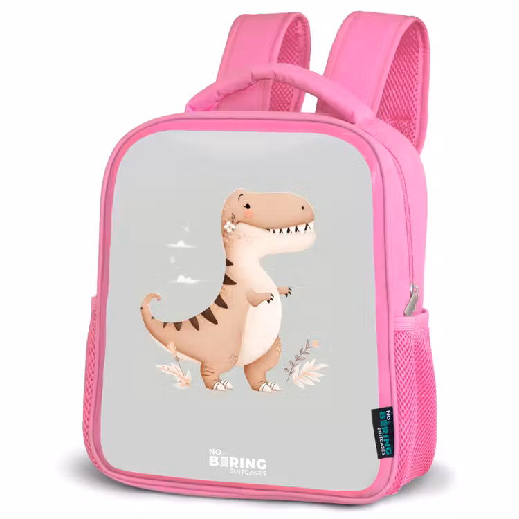 Dino in beige en grijze kleuren Kinderrugzak - Roze middel -schuin